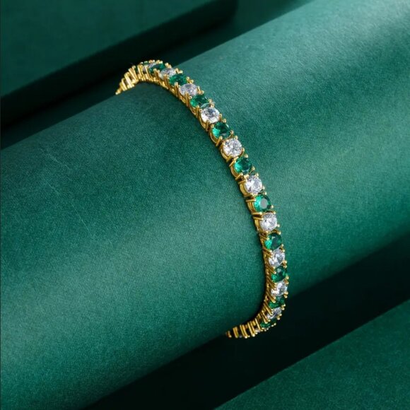 Mens 14K Gold 2ct Green Emerald Gemstone Diamond Tennis Bracelet 7